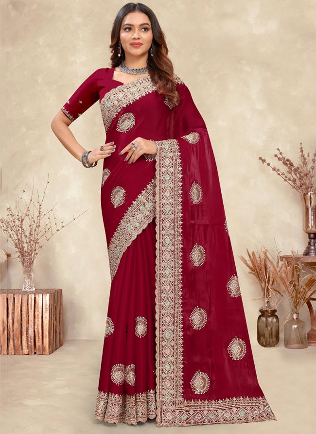 Crepe Silk Cherry Wedding Wear Coding Work Saree